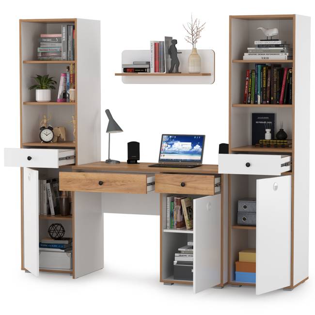 Стол компьютерный Вуди с навесной полкой и два пенала цвет белый премиум/дуб крафт золотой Стол компьютерный Вуди с навесной полкой и два пенала цвет белый премиум/дуб крафт золотой
