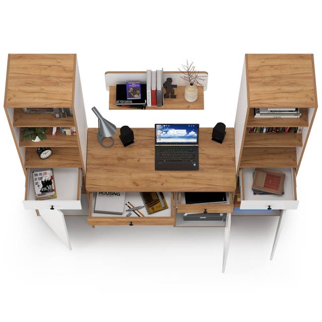 Стол компьютерный Вуди с навесной полкой и два пенала цвет белый премиум/дуб крафт золотой Стол компьютерный Вуди с навесной полкой и два пенала цвет белый премиум/дуб крафт золотой