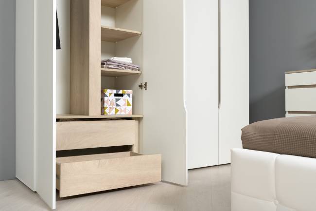 Мебель в спальню Муссон № 5 цвет белый/дуб эндгрейн элегантный/искусственная кожа белая, кровать с подъёмным механизмом 1600 Мебель в спальню Муссон № 5 цвет белый/дуб эндгрейн элегантный/искусственная кожа белая, кровать с подъёмным механизмом 1600