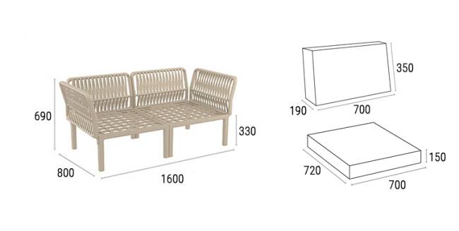 Диван пластиковый двухместный с подушками Portofino Lounge бежевый, светло-коричневый 1600х800х690 мм