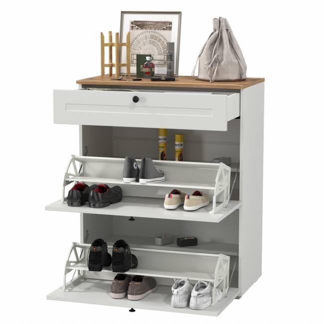 Тумба для обуви Остин 16.121 цвет белый шагрень/дуб крафт золотой Тумба для обуви Остин 16.121 цвет белый шагрень/дуб крафт золотой