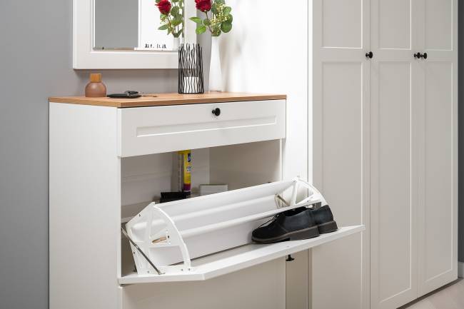 Тумба для обуви Остин 16.121 цвет белый шагрень/дуб крафт золотой Тумба для обуви Остин 16.121 цвет белый шагрень/дуб крафт золотой