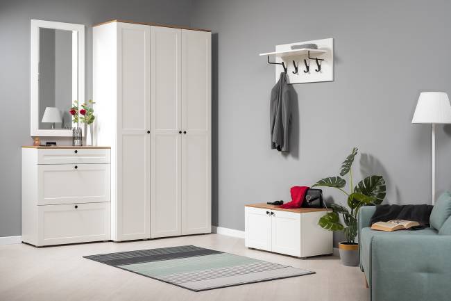 Тумба для обуви Остин 16.121 цвет белый шагрень/дуб крафт золотой Тумба для обуви Остин 16.121 цвет белый шагрень/дуб крафт золотой