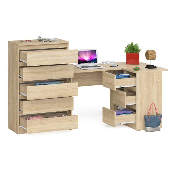 Высокий комод 700 пять ящиков и угловой компьютерный стол МС-16 правый серии Мори цвет дуб сонома