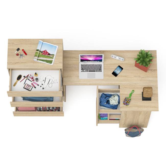 Высокий комод 700 пять ящиков и угловой компьютерный стол МС-16 правый серии Мори цвет дуб сонома