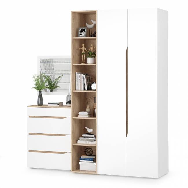 Комплект Муссон Шкаф + Стеллаж + Комод + Зеркало цвет белый/дуб эндгрейн элегантный