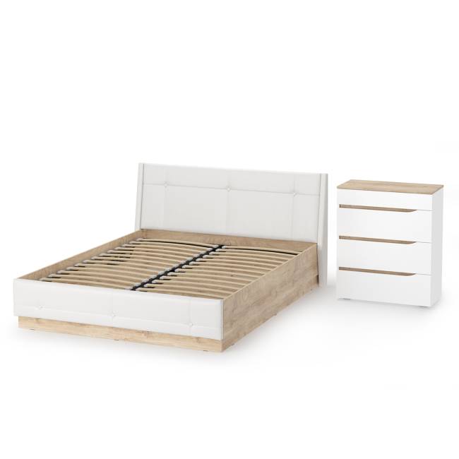 Комод Муссон с кроватью 1600 с подъёмным основанием цвет белый/дуб эндгрейн элегантный/кожзам белый