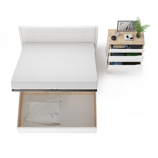 Комод Муссон с кроватью 1600 с подъёмным основанием цвет белый/дуб эндгрейн элегантный/кожзам белый