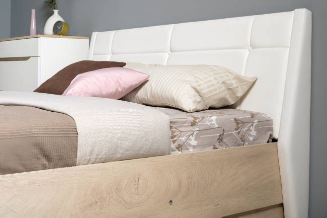 Комод Муссон с кроватью 1600 с подъёмным основанием цвет белый/дуб эндгрейн элегантный/кожзам белый