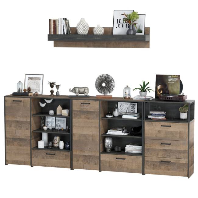 Два комода с дверкой и ящиком с навесной полкой и комодом с тремя ящиками Трувор цвет дуб гранж песочный/интра Два комода с дверкой и ящиком с навесной полкой и комодом с тремя ящиками Трувор цвет дуб гранж песочный/интра