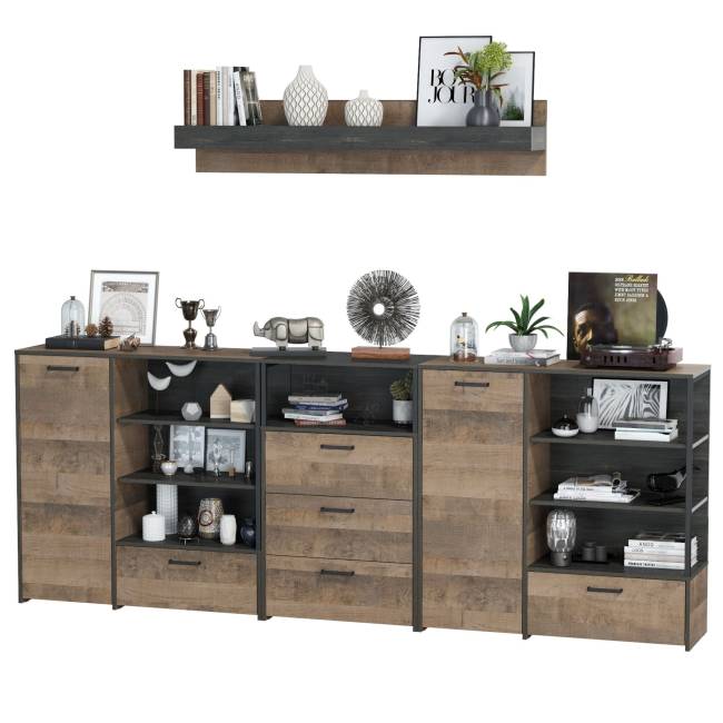 Два комода с дверкой и ящиком с навесной полкой и комодом с тремя ящиками Трувор цвет дуб гранж песочный/интра Два комода с дверкой и ящиком с навесной полкой и комодом с тремя ящиками Трувор цвет дуб гранж песочный/интра