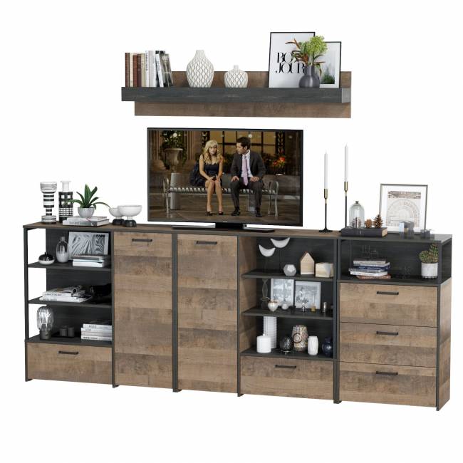 Два комода с дверкой и ящиком с навесной полкой и комодом с тремя ящиками Трувор цвет дуб гранж песочный/интра Два комода с дверкой и ящиком с навесной полкой и комодом с тремя ящиками Трувор цвет дуб гранж песочный/интра